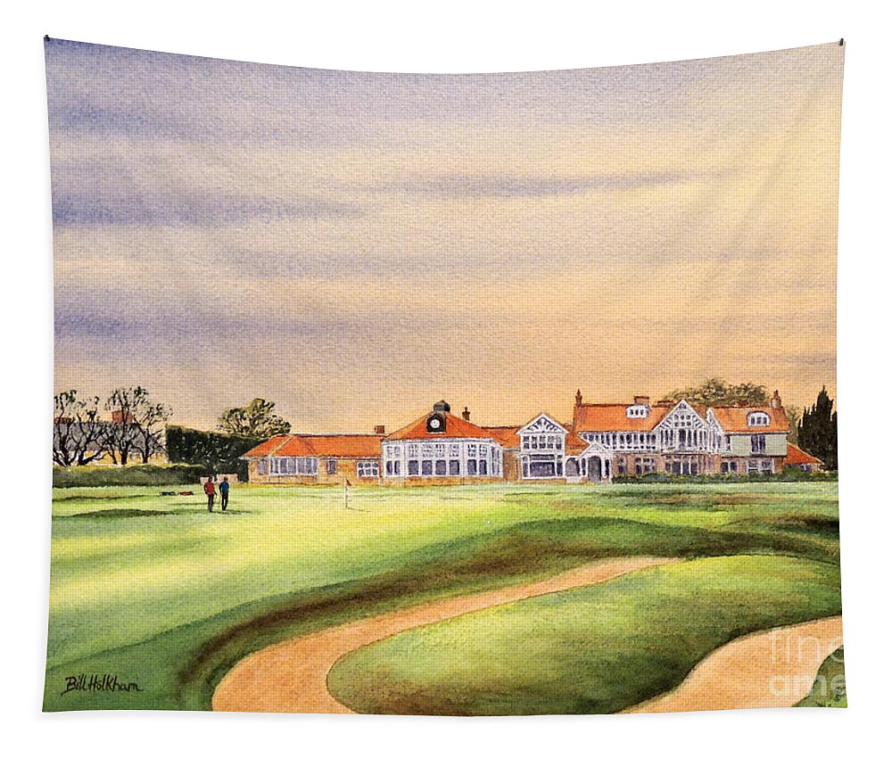 Golf Tapestry featuring the painting Muirfield Golf Course 18th Green by Bill Holkham