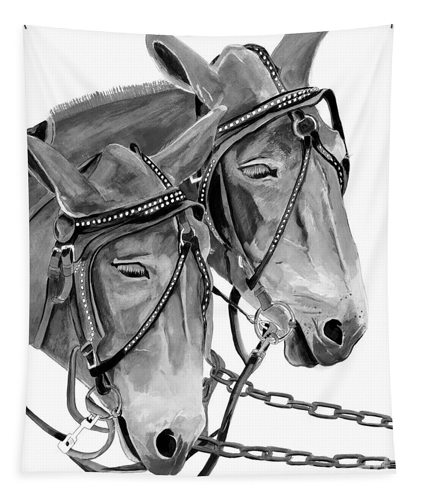 Mules Tapestry featuring the painting Mules - Beast of Burden - B and W by Jan Dappen