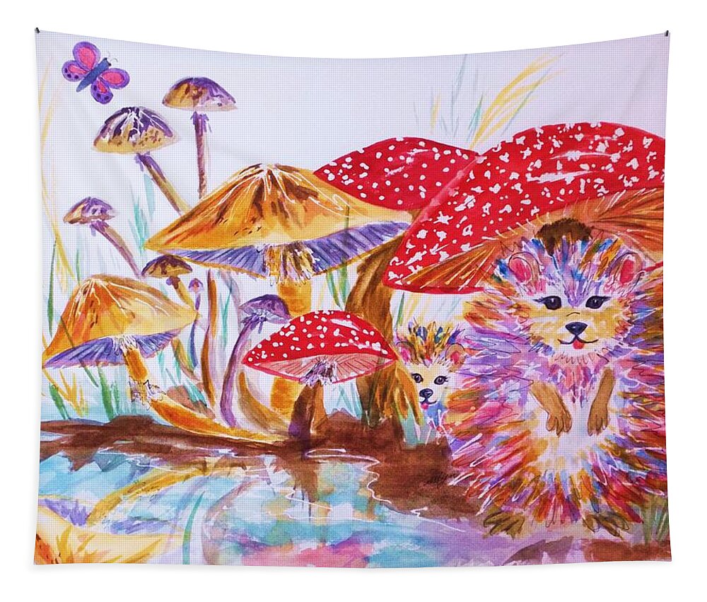 Mushrooms Tapestry featuring the painting Mushrooms and Hedgehogs by Ellen Levinson