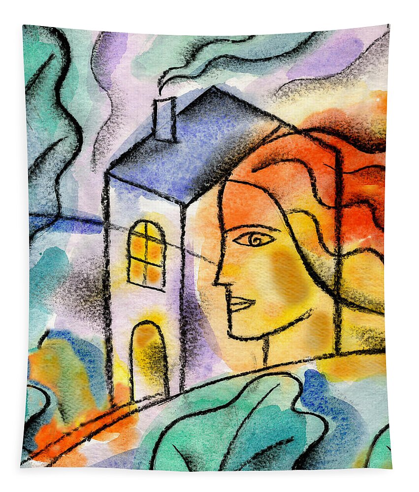 American Dream Building Chimney Color Color Image Colour Consumer Domestic Life Door Doorway Drawing Entrance Female Home House Housing Illustration Illustration And Painting Leaf Lifestyle One One Person Outdoors Outside People Person Plant Profile Side View Vertical Window Woman Tapestry featuring the painting My House by Leon Zernitsky