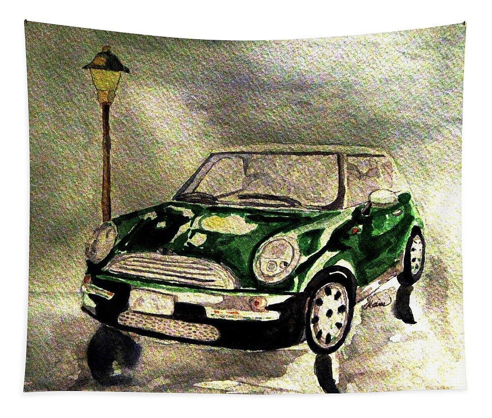 Mini Coopers Tapestry featuring the painting In The Rain by Angela Davies