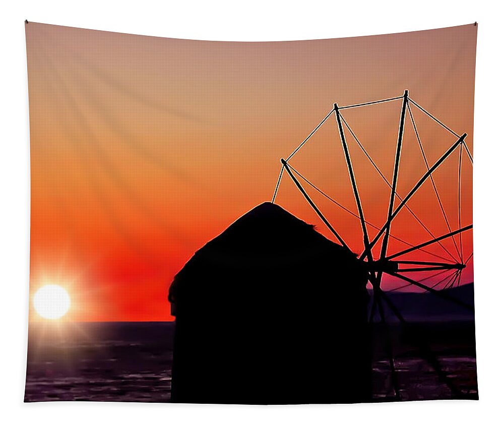 Greece Tapestry featuring the photograph Mykonos Windmill in Orange Sunset by Mitchell R Grosky