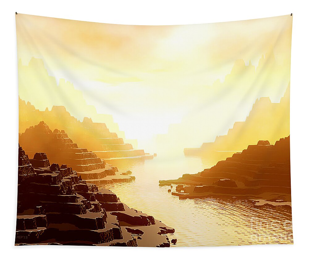 Landscape Tapestry featuring the digital art Mysterious Mountains Waterway by Phil Perkins