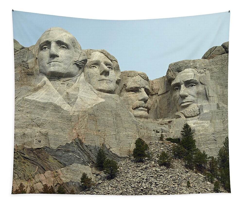 George Washington Thomas Jefferson Teddy Theodore Roosevelt Abraham Lincoln Nature South Dakota Sd Dakotas Mt. Mount Rushmore National Monument Mountain The Black Hills Sculpture Sculptures Carving Carvings Rocks Stone Stones Bust Busts Presidents Monument Monuments Treasure Faces Keystone Memorial Usa Travel Park Landmark Landmarks Famous America Granite United American States History Historic Destination Symbolic Cliff Cliffs Historical Geology Government Sightseeing Carved Peak Destinations Tapestry featuring the photograph National Treasure by James Peterson