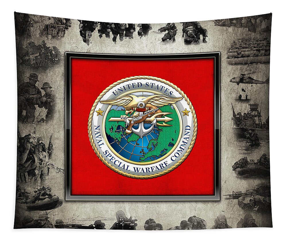 'military Insignia & Heraldry - Nswc' Collection By Serge Averbukh Tapestry featuring the digital art Naval Special Warfare Command - N S W C - Emblem over Navy SEALs Collage by Serge Averbukh