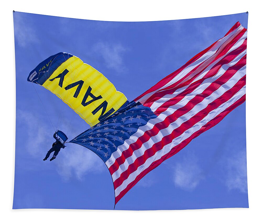 Oc Air Show Tapestry featuring the photograph Navy Seal Leap Frogs US Flag by Donna Corless