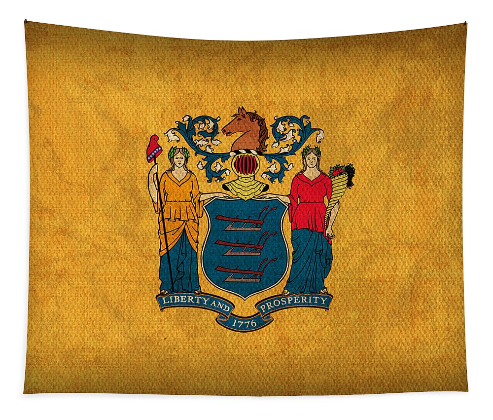 New Jersey State Flag Art On Worn Canvas Hoboken Pasaic Trenton Elizabeth City Patterson Tapestry featuring the mixed media New Jersey State Flag Art on Worn Canvas by Design Turnpike