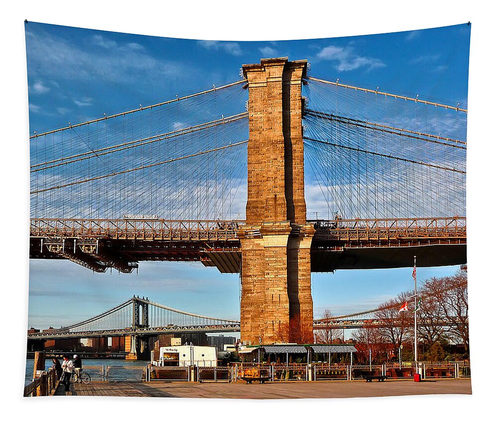 Amazing Brooklyn Bridge Photos Tapestry featuring the photograph New York Bridges Lit by Golden Sunset by Mitchell R Grosky