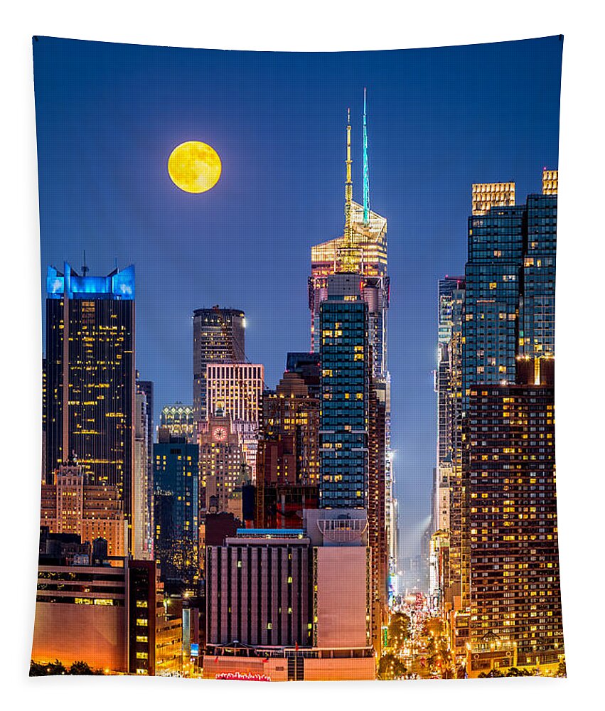 42nd Street Tapestry featuring the photograph New York Supermoon by Mihai Andritoiu