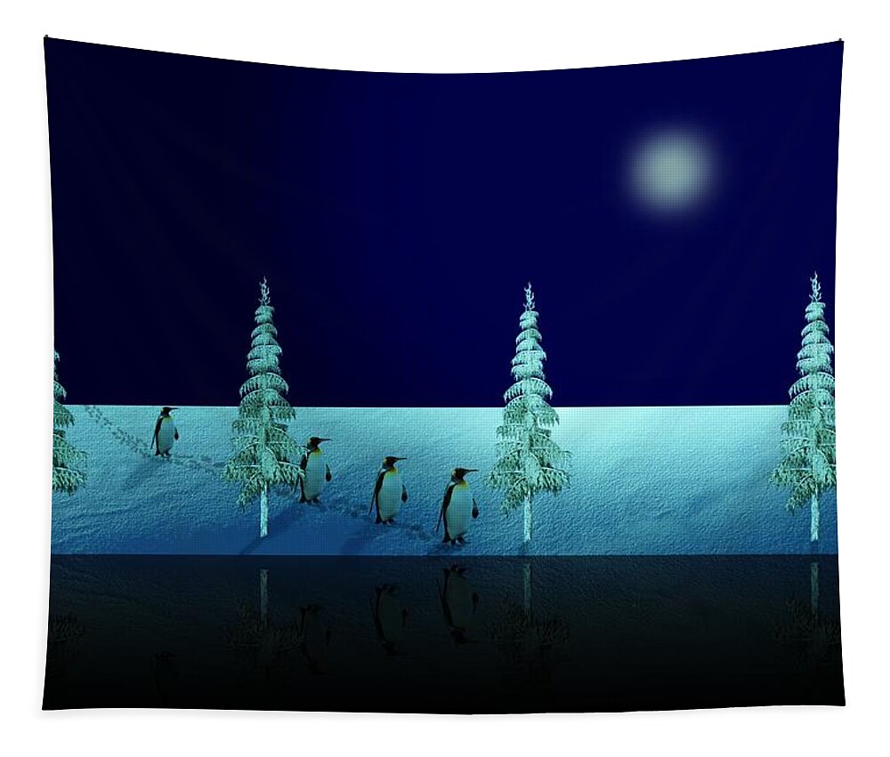Penguin Tapestry featuring the digital art Night Walk of the Penguins 2.5 by David Dehner