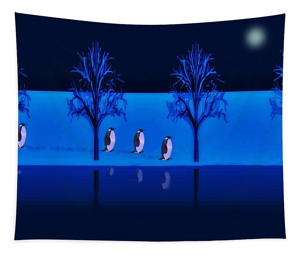 Penguin Tapestry featuring the digital art Night Walk of the Penguins by David Dehner