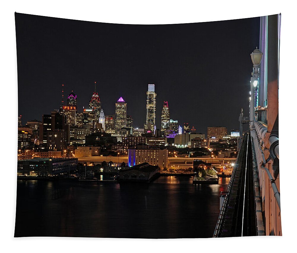 Philadelphia Tapestry featuring the photograph Nighttime Philly from the Ben Franklin by Jennifer Ancker