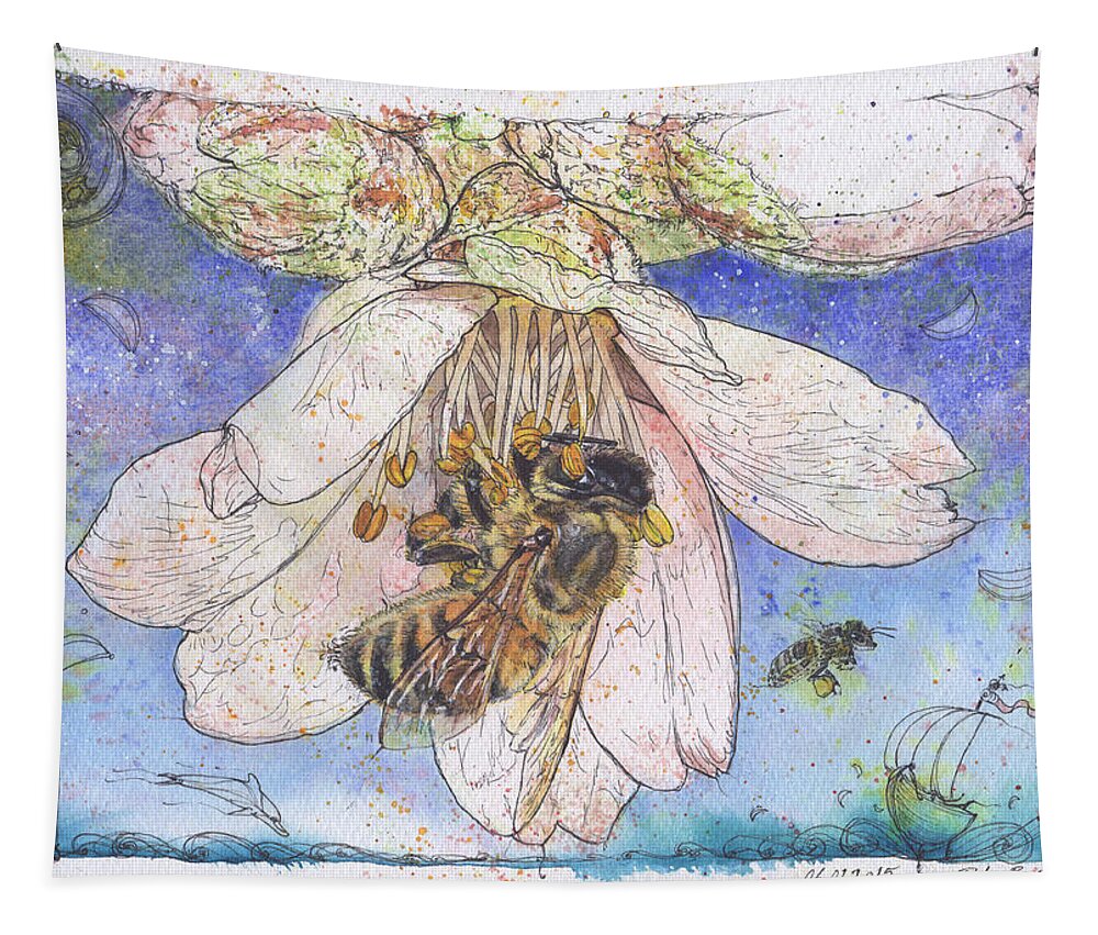 Bees Tapestry featuring the painting No Bees - No Almonds by Petra Rau