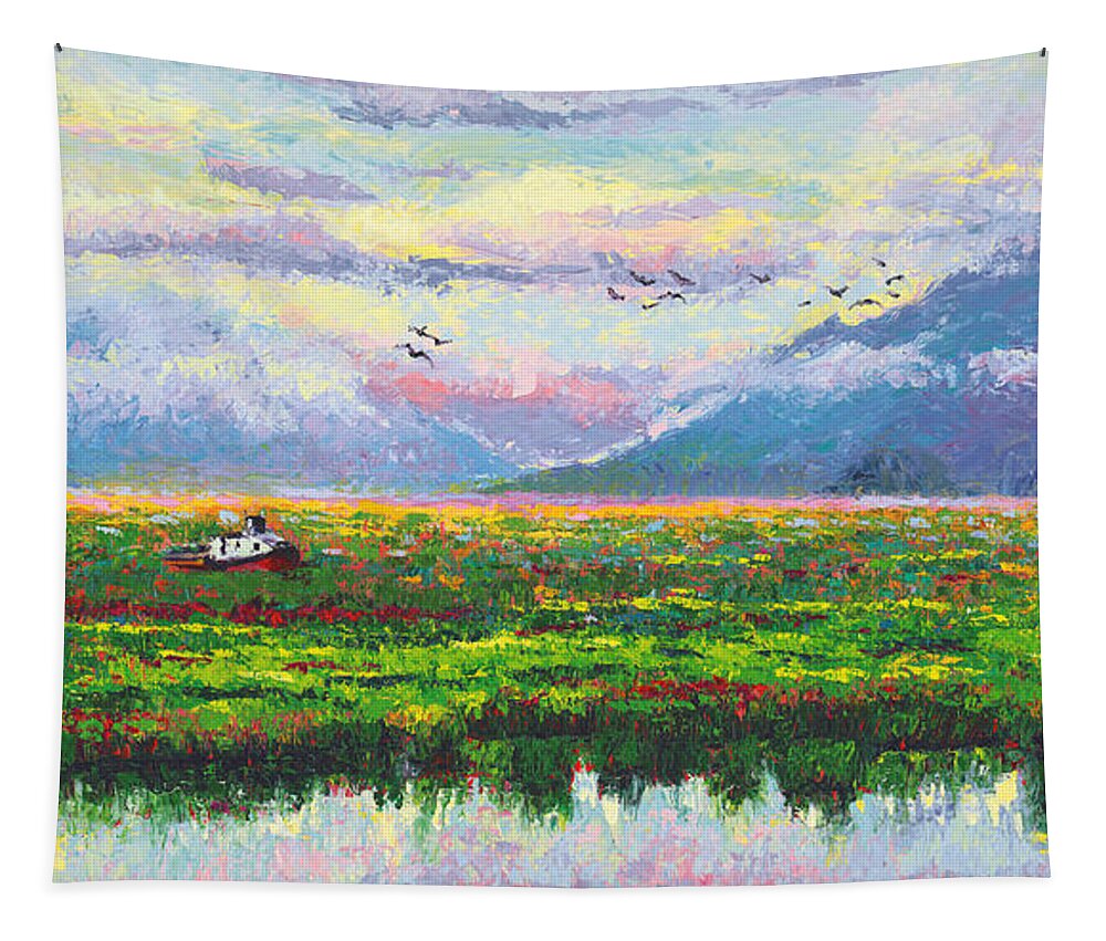 Landscape Tapestry featuring the painting Nomad - Alaska Landscape with Joe Redington's boat in Knik Alaska by Talya Johnson