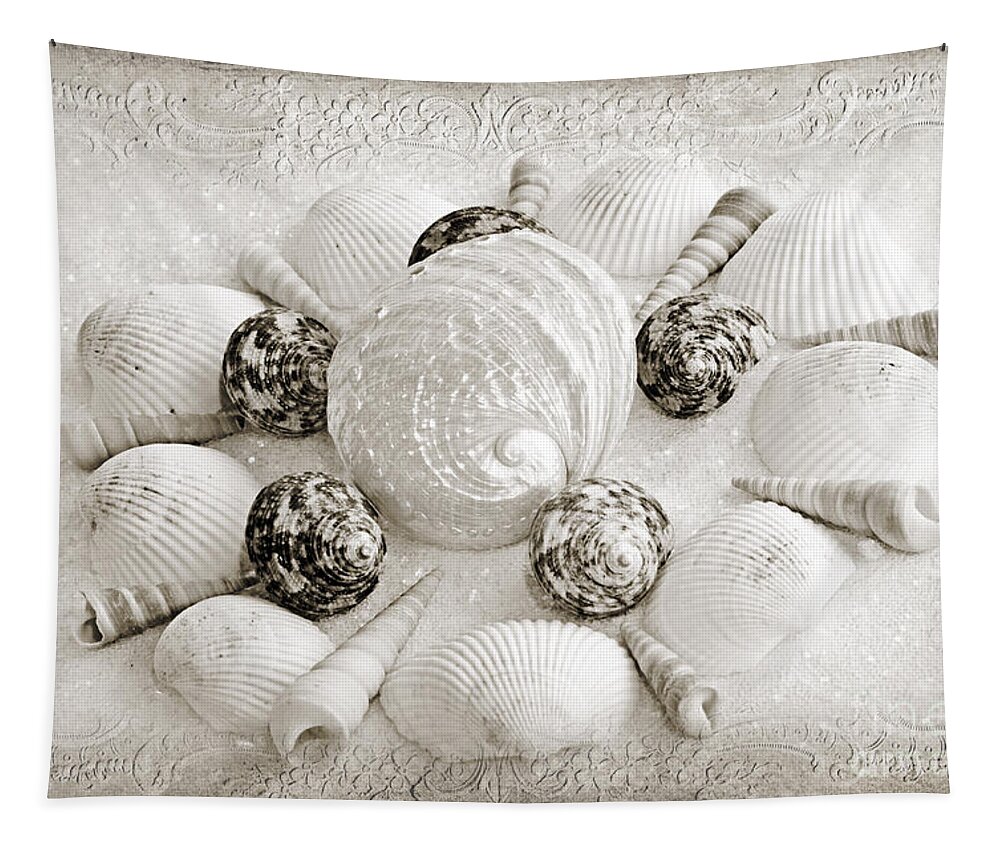 Seashells Tapestry featuring the photograph North Carolina Circle Of Sea Shells BW by Andee Design