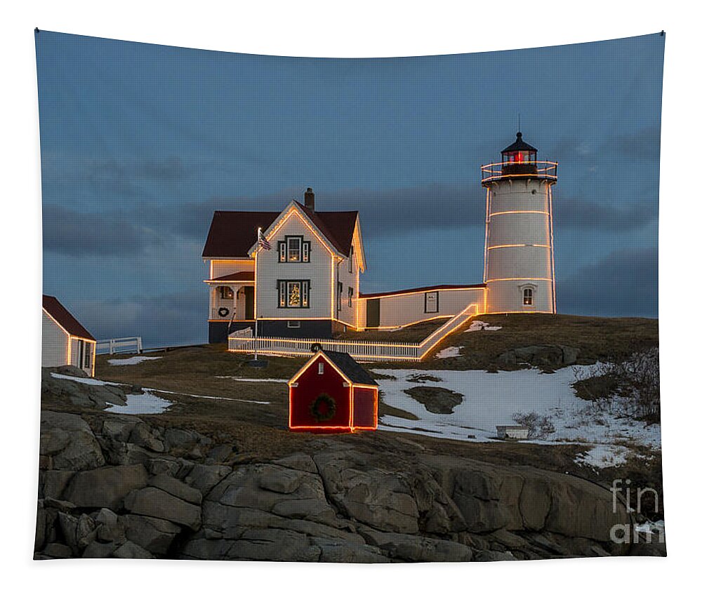 Lighthouse Tapestry featuring the photograph Nubble lighthouse at Christmas by Steven Ralser