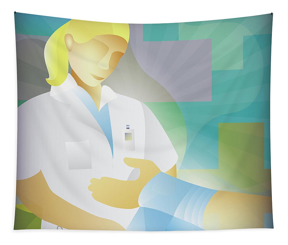 Abstract Tapestry featuring the photograph Nurse Bandaging Injured Wrist Of Patient by Ikon Ikon Images