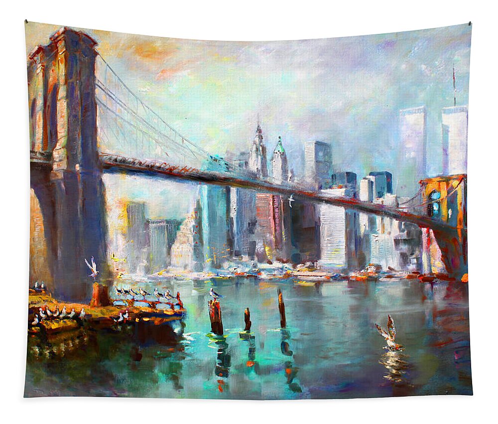 Nyc Tapestry featuring the painting NY City Brooklyn Bridge II by Ylli Haruni