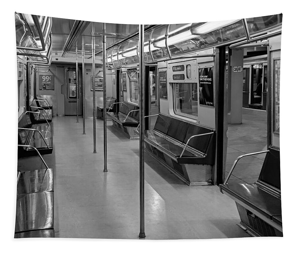 Big Apple Tapestry featuring the photograph NYC F Subway Train BW by Susan Candelario