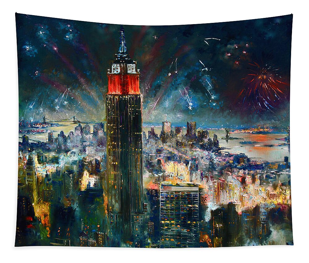 Nyc Tapestry featuring the painting NYC in Fourth of July Independence Day by Ylli Haruni