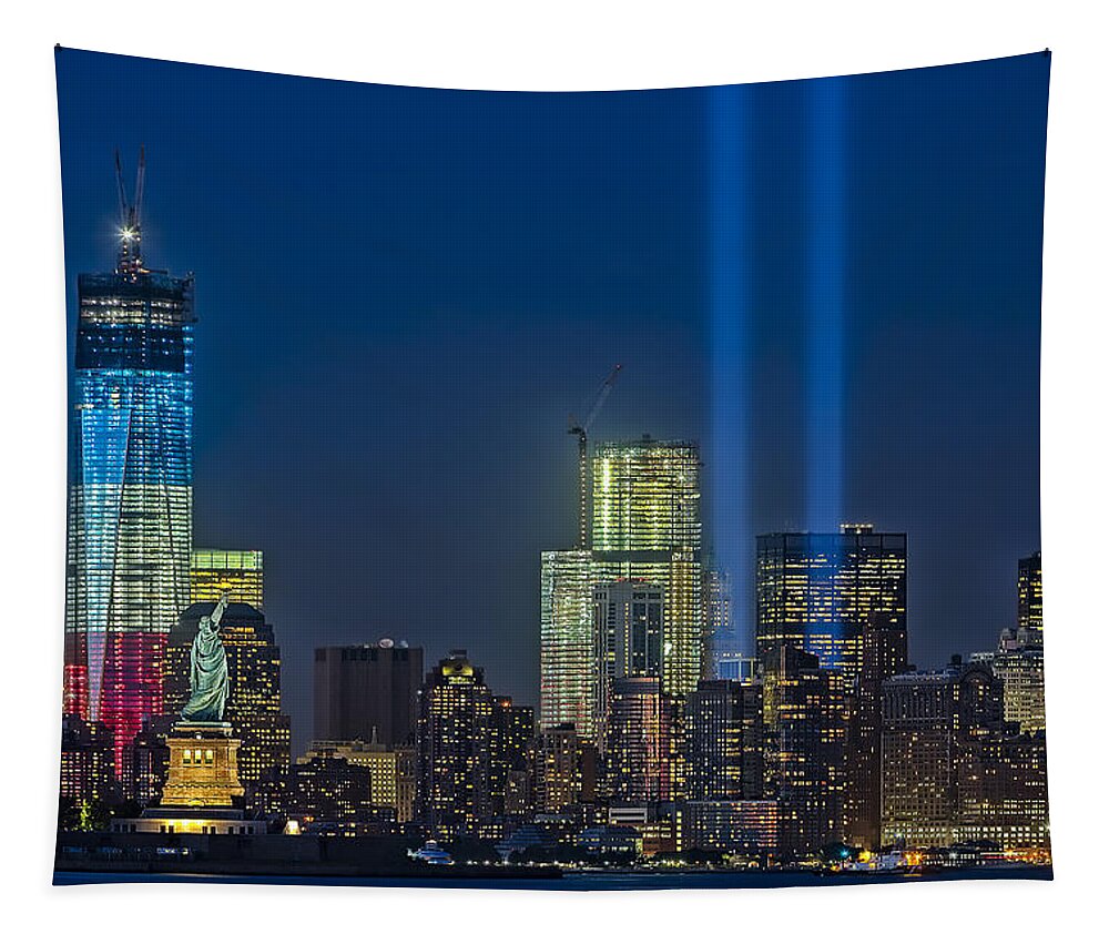 Tribute In Light Tapestry featuring the photograph NYC Remembers September 11 by Susan Candelario