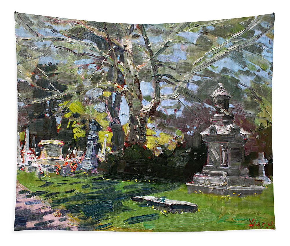 Oakwood Cemetery Tapestry featuring the painting Oakwood Cemetery by Ylli Haruni