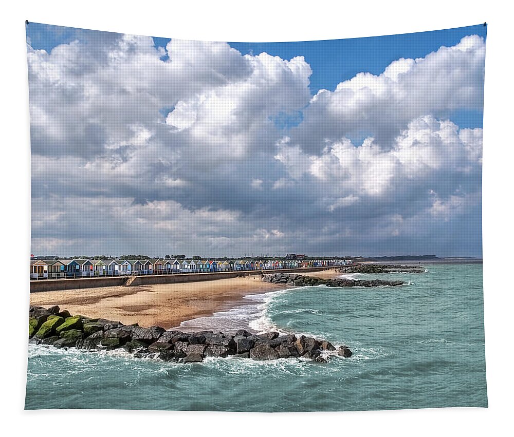 Coastal Scene Tapestry featuring the photograph Ocean View - Colorful Beach Huts by Gill Billington