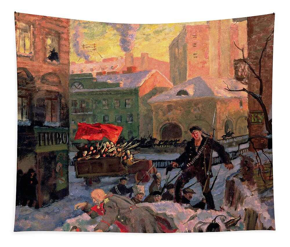 October Tapestry featuring the painting October 1917 In Petrograd by Boris Mihajlovic Kustodiev