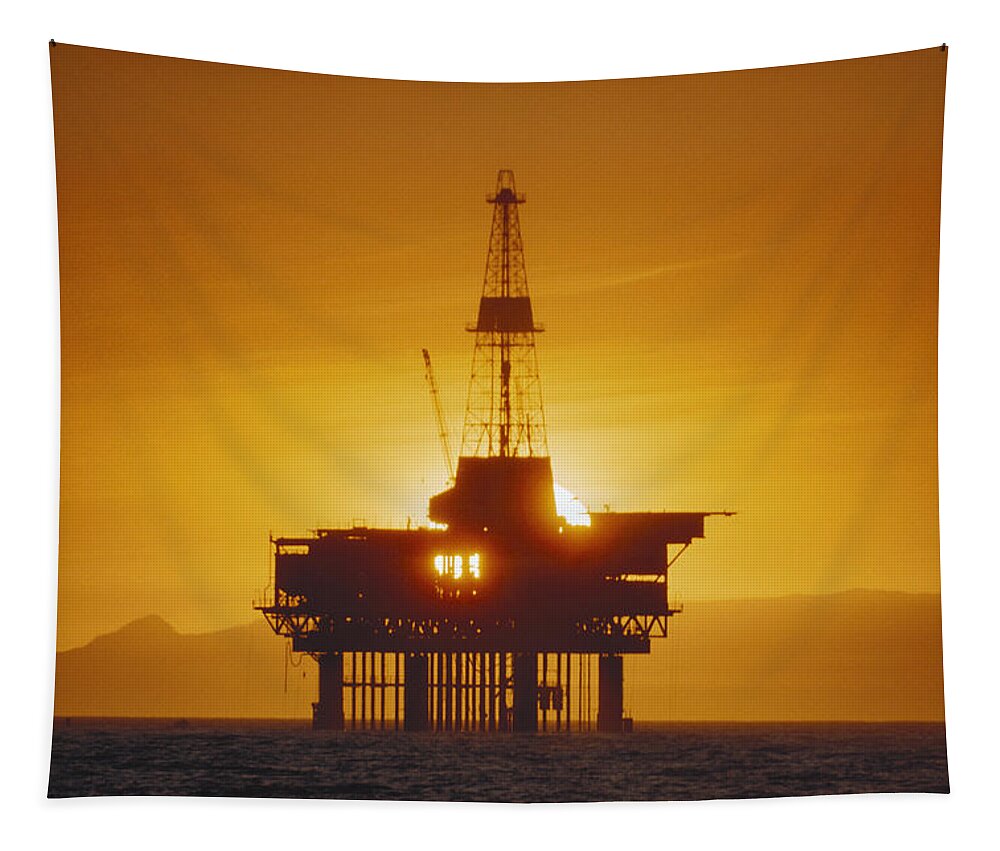 Crude Oil Tapestry featuring the photograph Offshore Oil Rig At Sunset by Jack Fields