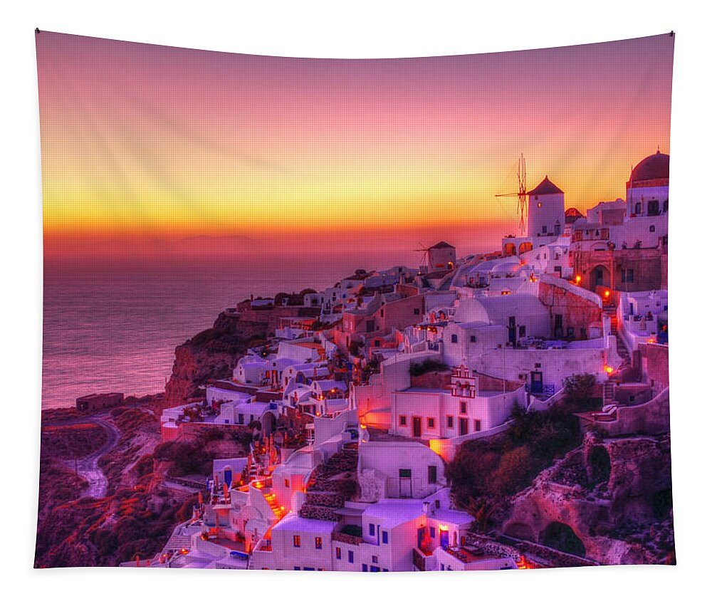 Santorini Tapestry featuring the photograph Oia Sunset by Midori Chan