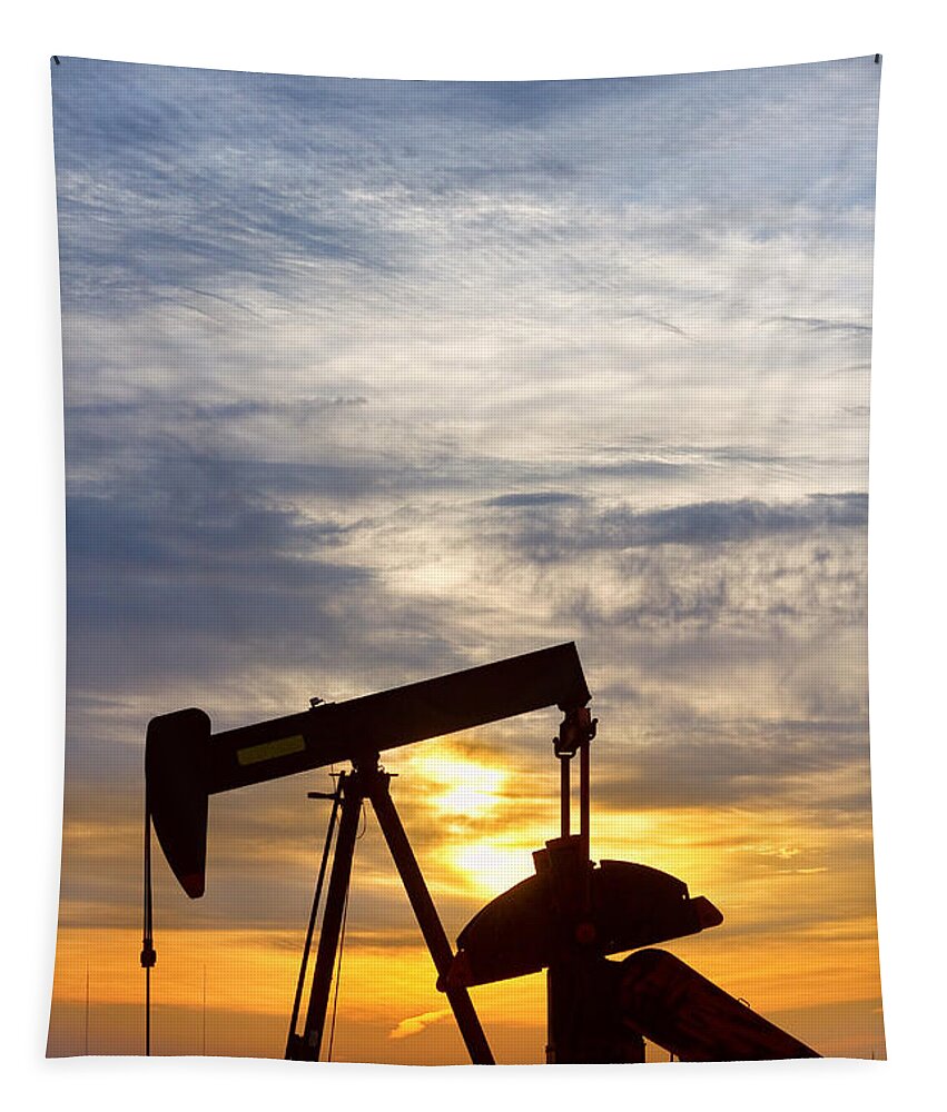 Oil Tapestry featuring the photograph Oil Pumper At Sunrise Vertical Image by James BO Insogna