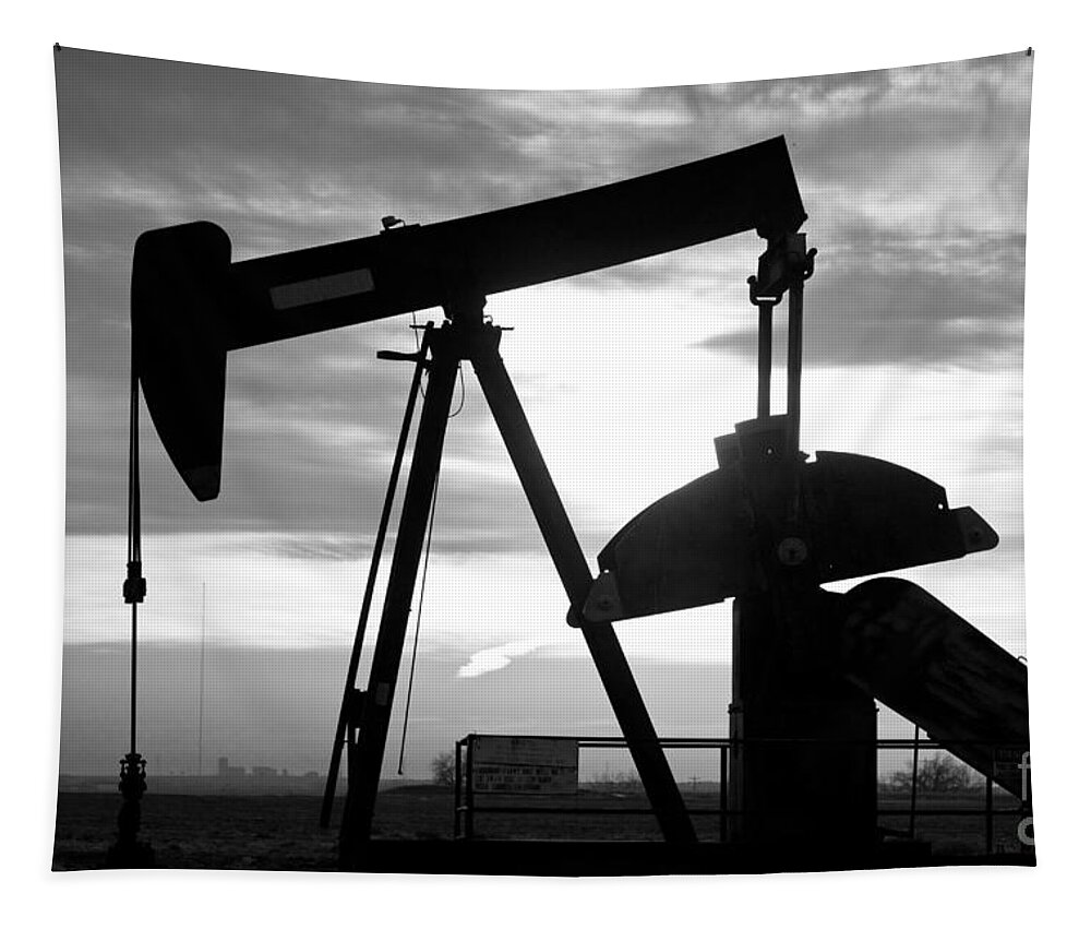 Oil Tapestry featuring the photograph Oil Well Pump Jack Black and White by James BO Insogna