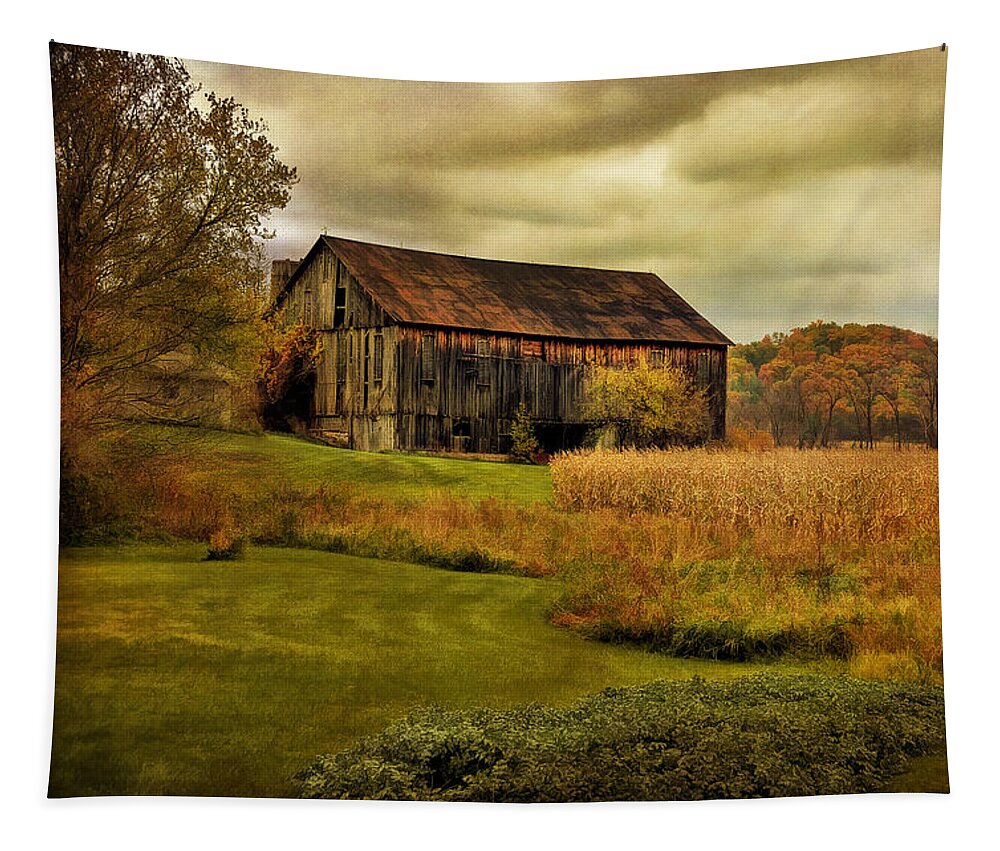 Barn Tapestry featuring the photograph Old Barn In October by Lois Bryan