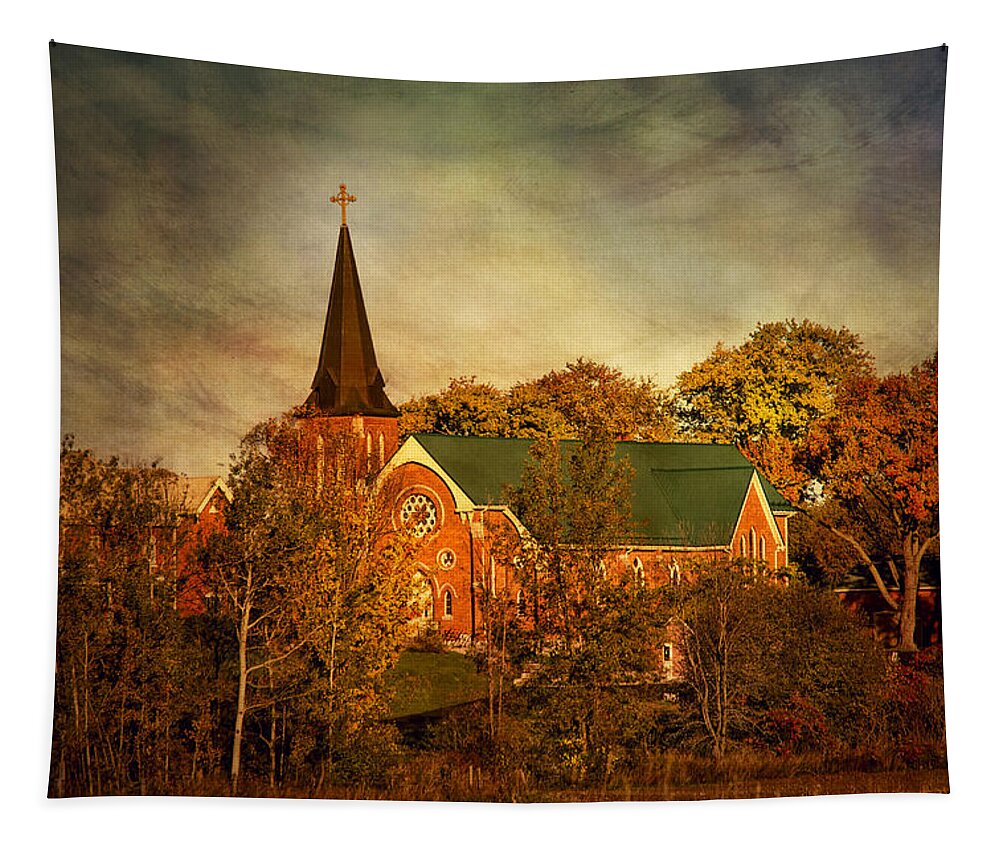 Church Tapestry featuring the photograph Old Brick Church in Autumn by Peggy Collins