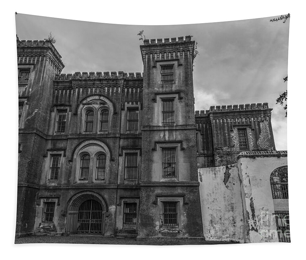 Old Tapestry featuring the photograph Old City Jail in Black and White by Dale Powell