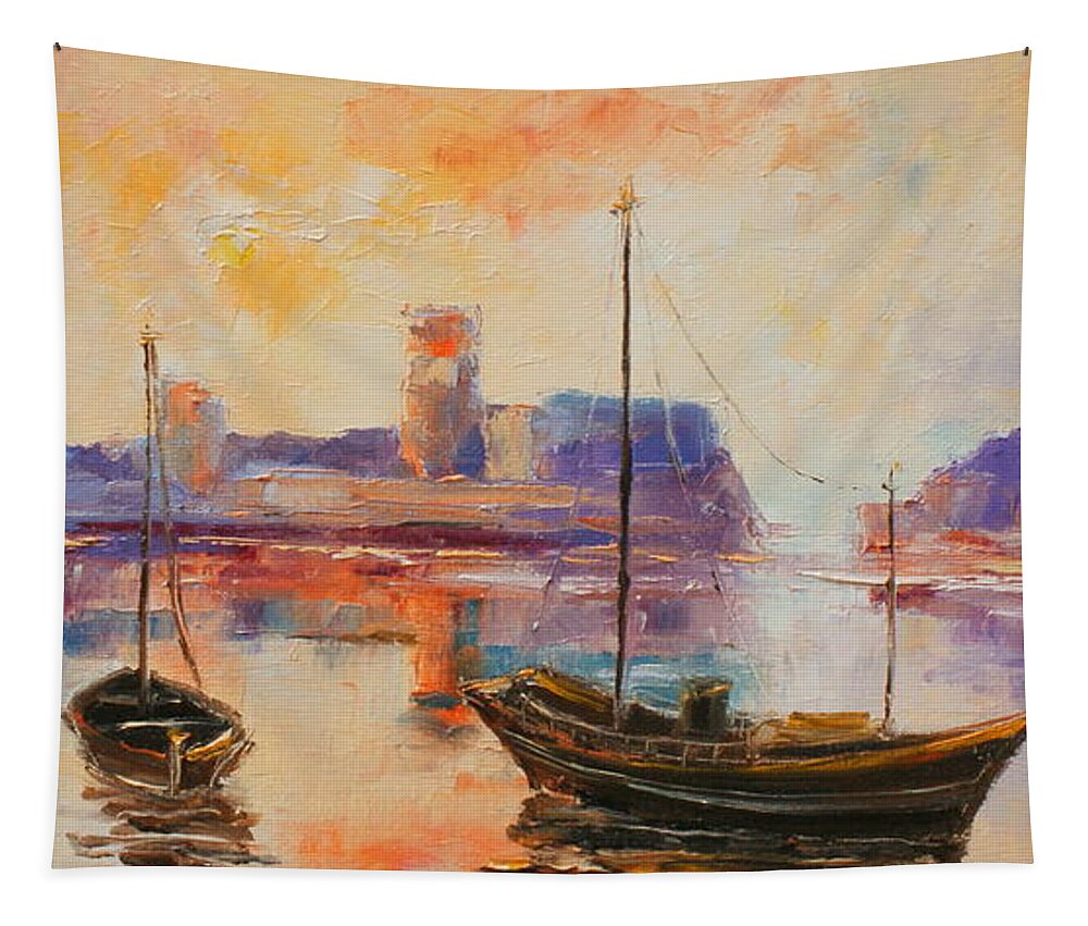Dunbar Tapestry featuring the painting Old Dunbar harbour by Luke Karcz