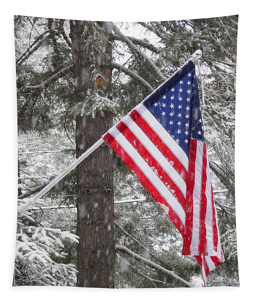 Winter Tapestry featuring the photograph Old Glory in Winter and During a Snowstorm by Kenny Bosak
