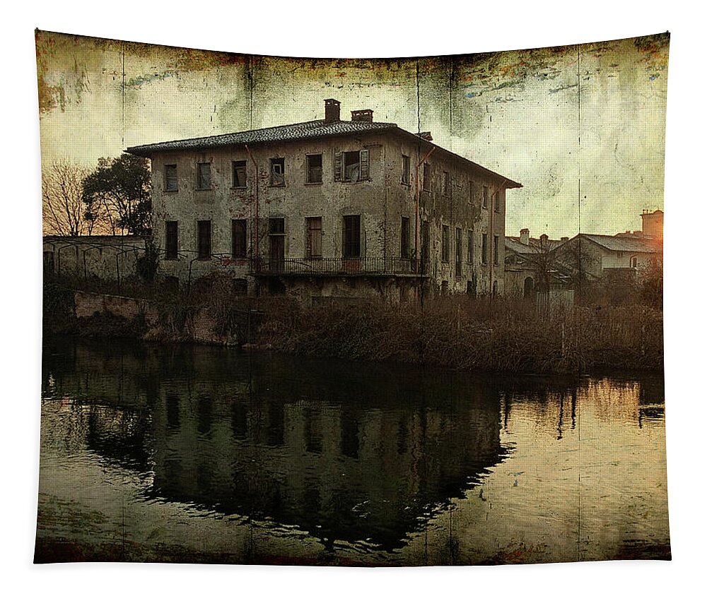 Albairate Tapestry featuring the photograph Old house on canal by Roberto Pagani