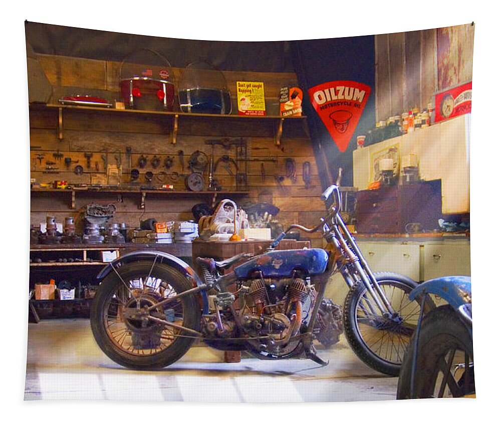 Motorcycle Shop Tapestry featuring the photograph Old Motorcycle Shop 2 by Mike McGlothlen