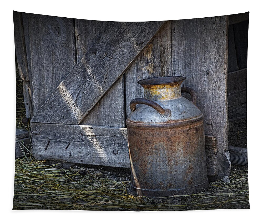Creamery Can Tapestry featuring the photograph Old Prairie Homestead Vintage Creamery Can by the barn door by Randall Nyhof