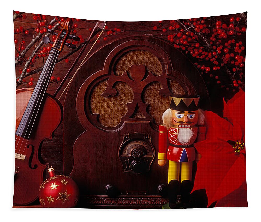 Old Radio Tapestry featuring the photograph Old raido and Christmas nutcracker by Garry Gay