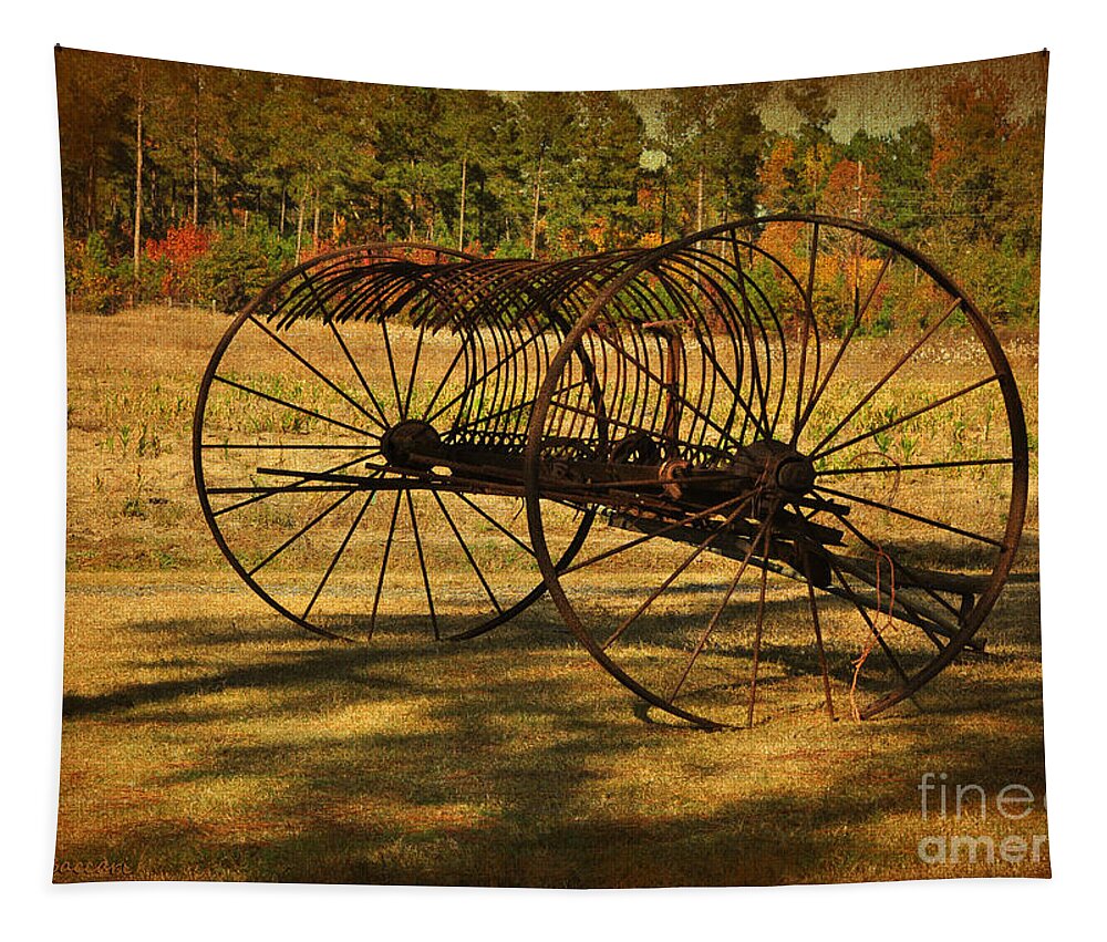 Hay Rake Tapestry featuring the photograph Old Rusty Hay Rake by Kathy Baccari