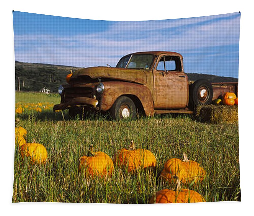 Photography Tapestry featuring the photograph Old Rusty Truck In Pumpkin Patch, Half by Panoramic Images