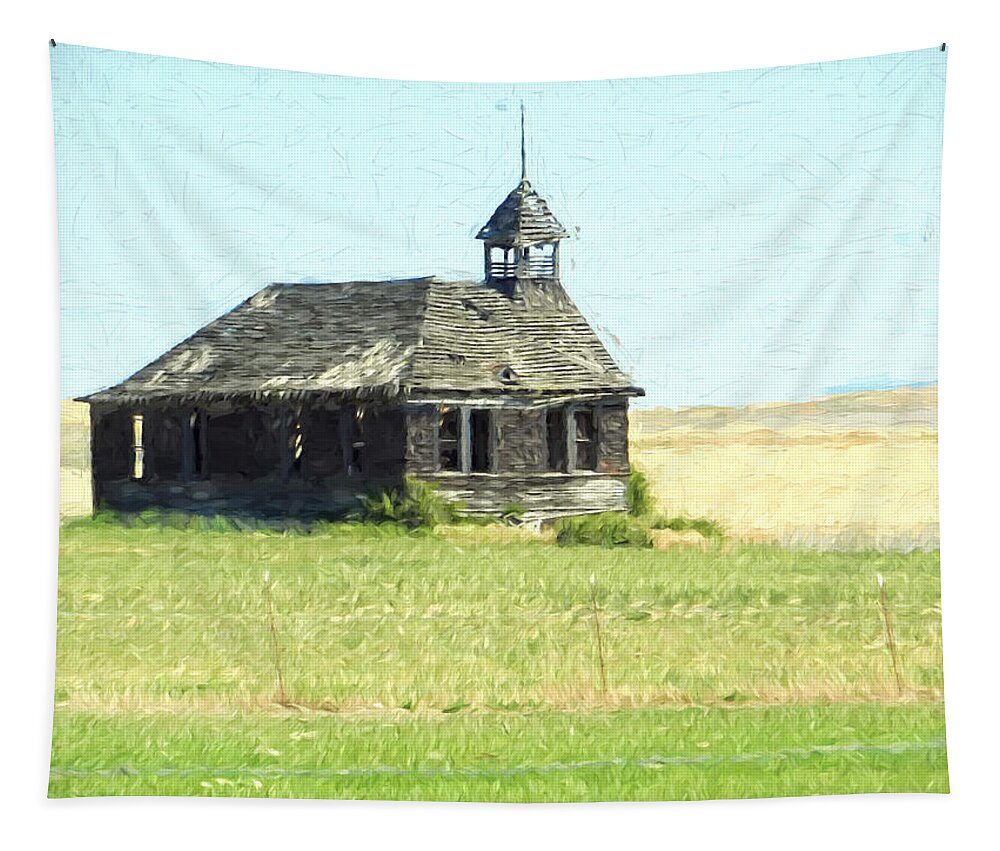  Tapestry featuring the digital art Old Schoolhouse in Eastern Washington 2 by Cathy Anderson