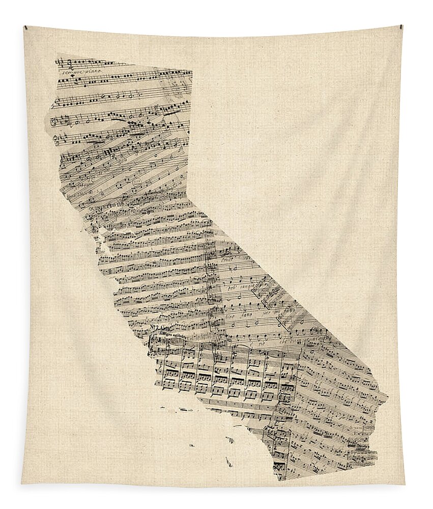 California Map Tapestry featuring the digital art Old Sheet Music Map of California by Michael Tompsett