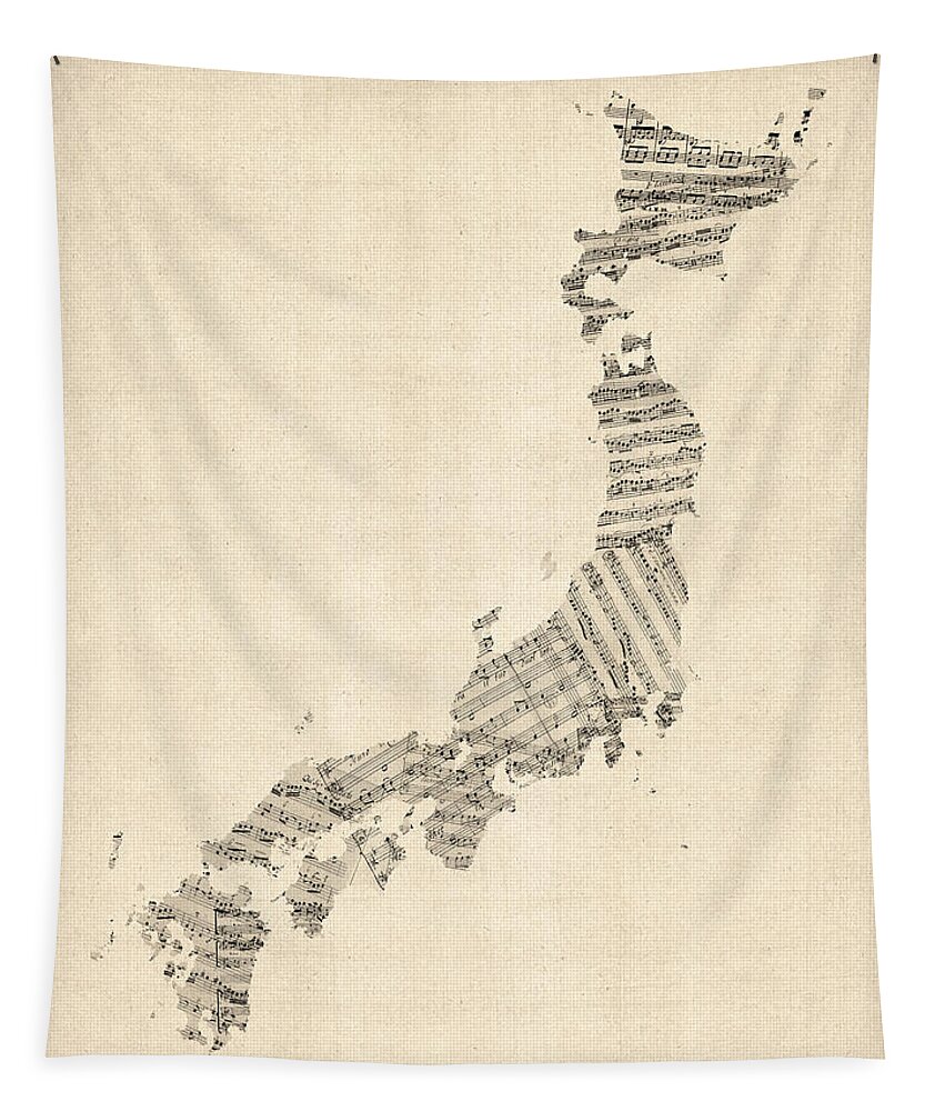 Japan Map Tapestry featuring the digital art Old Sheet Music Map of Japan by Michael Tompsett