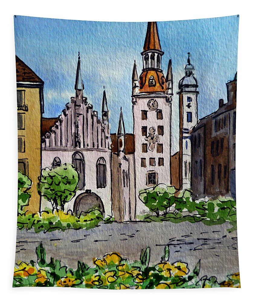 Munich Tapestry featuring the painting Old Town Hall Munich Germany by Irina Sztukowski