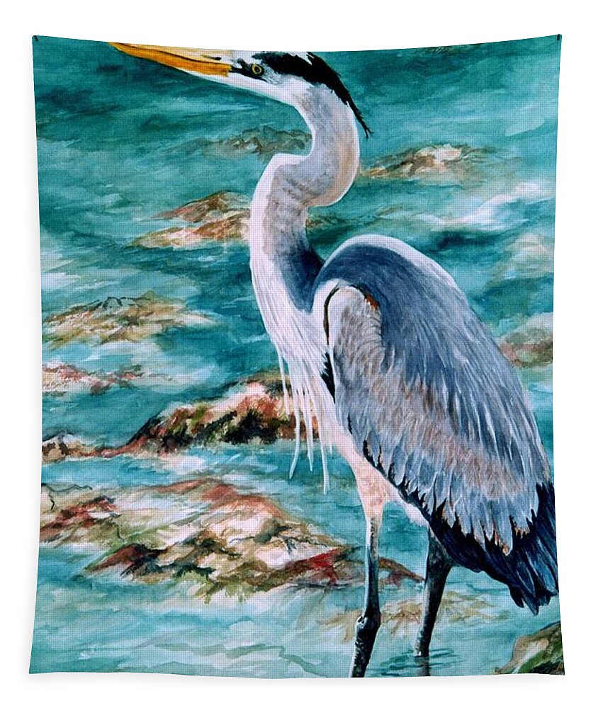 Great Blue Heron Tapestry featuring the painting On the Rocks Great Blue Heron by Roxanne Tobaison
