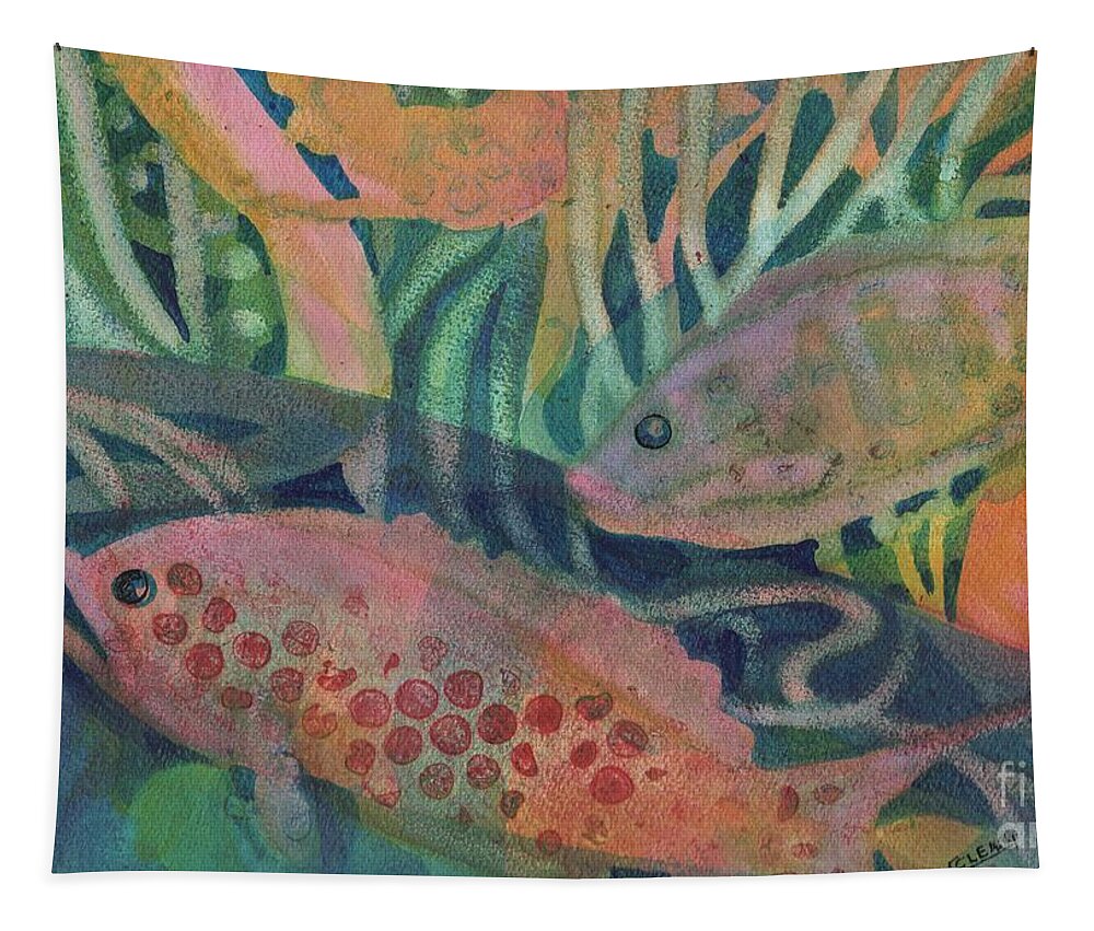 Underwater Tapestry featuring the painting One Two Pink Blue by Joan Clear