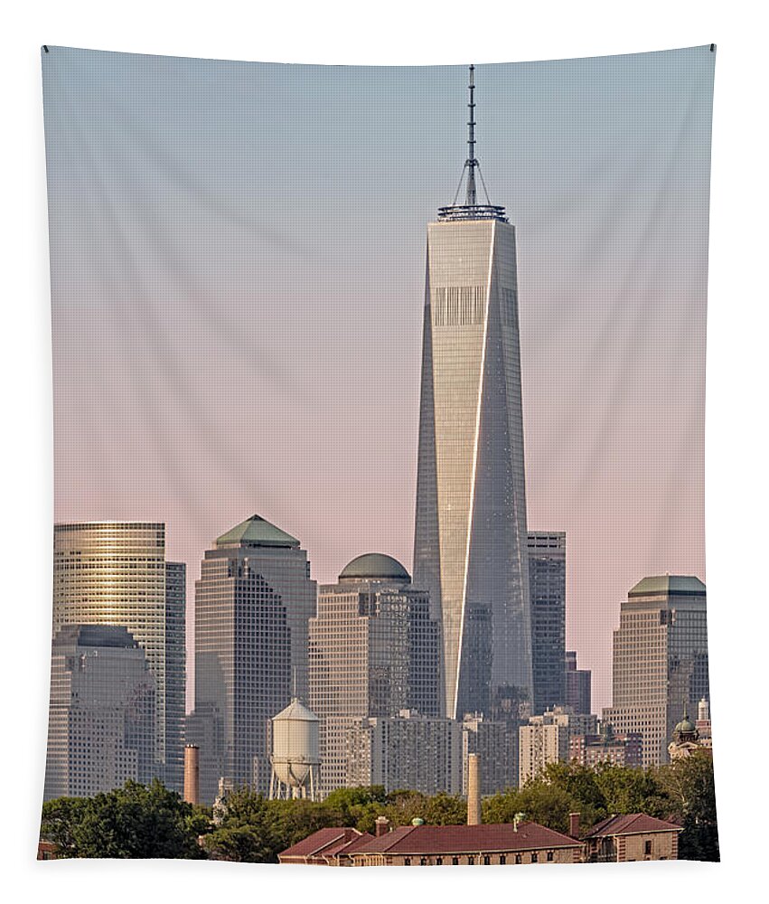 Freedom Tower Tapestry featuring the photograph One World Trade Center And Ellis Island by Susan Candelario